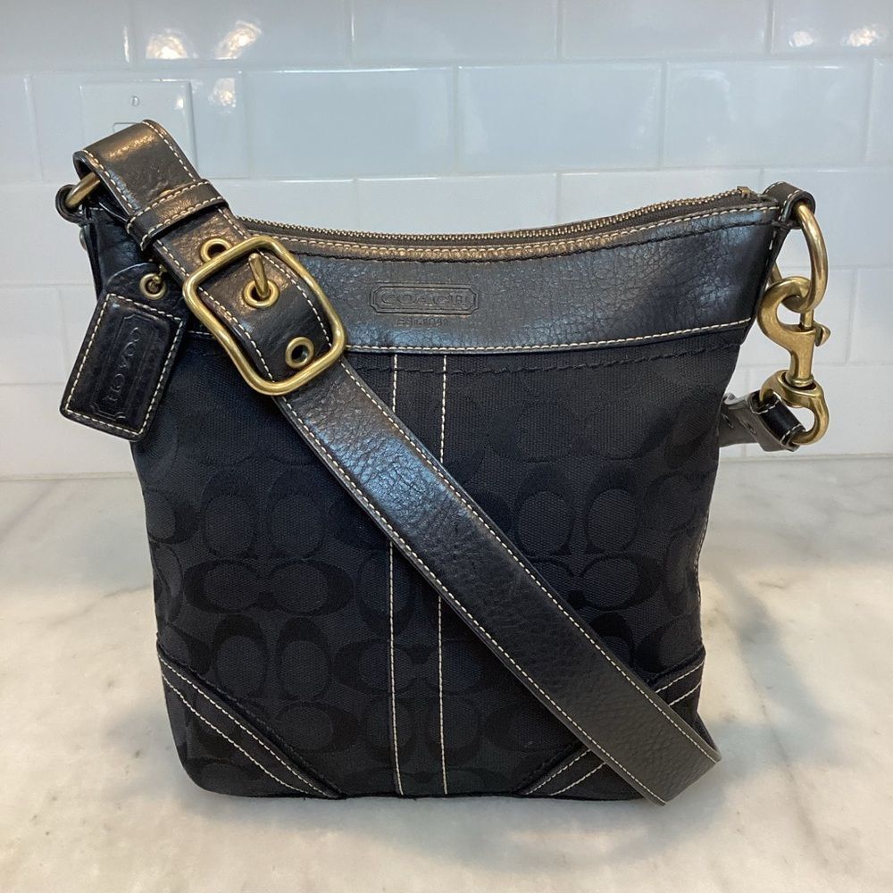 Coach Black Signature Canvas Crossbody Shoulder Bag with Brass Hardware